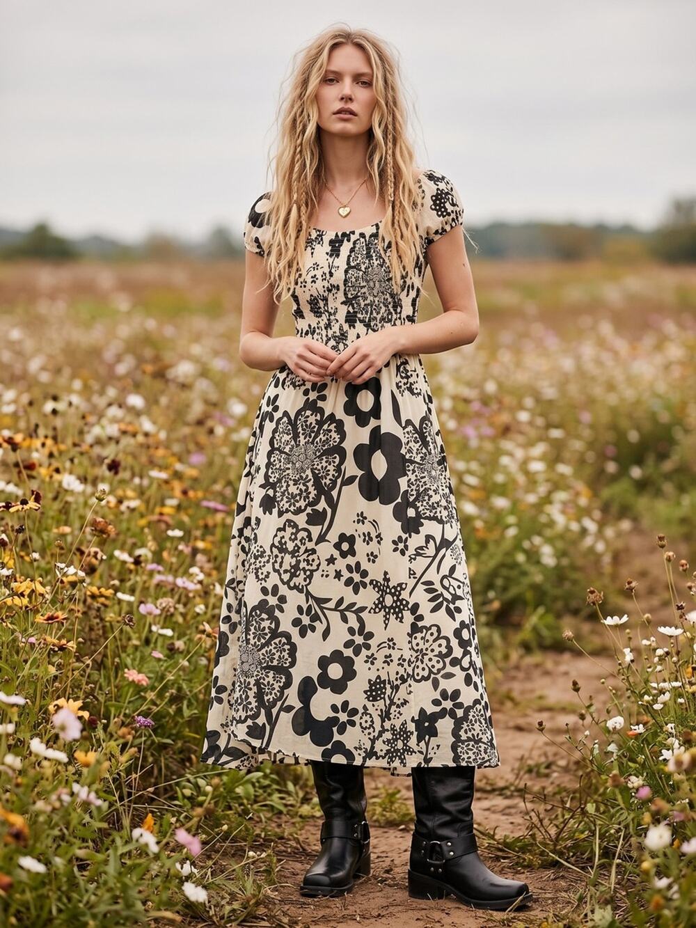 Free People Bohemian Ultraviolet Midi Maxi Dress Black White Floral Medium